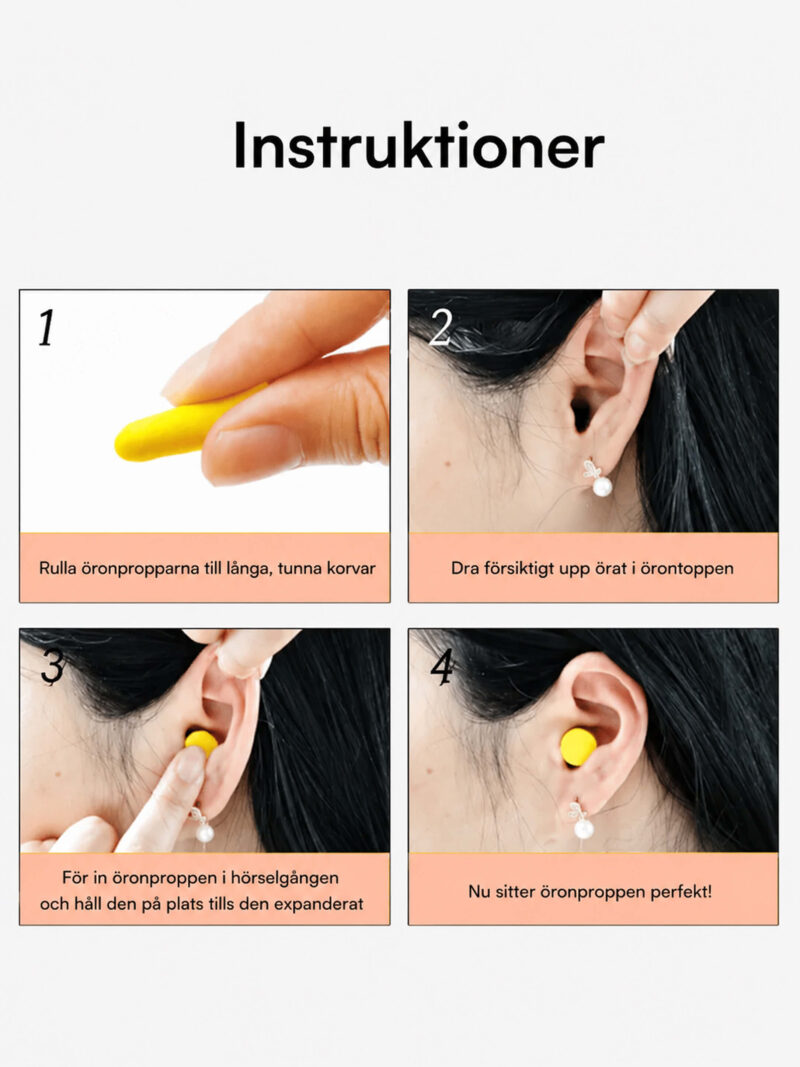 Instruktioner i fyra steg för att rulla och sätta i gula skumöronproppar så de expanderar i hörselgången