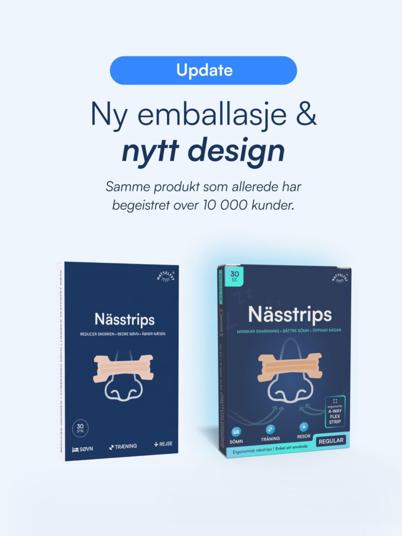 Två blå förpackningar av Nässtrips i ny design med näsillustration, marknadsför minskad snarkning och bättre sömn