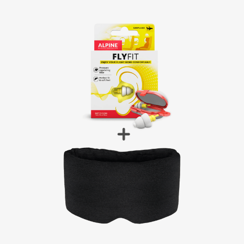 Reseset med Alpine FlyFit-öronproppar och svart sovmask för bekväm sömn på resa