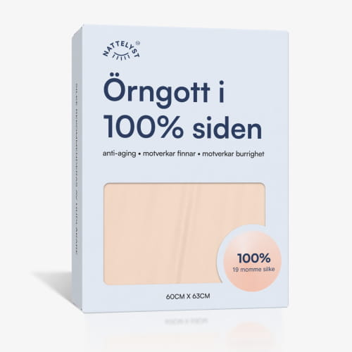 Ljusblå förpackning med beige örngott i 100% siden, 19 momme, 60×63 cm