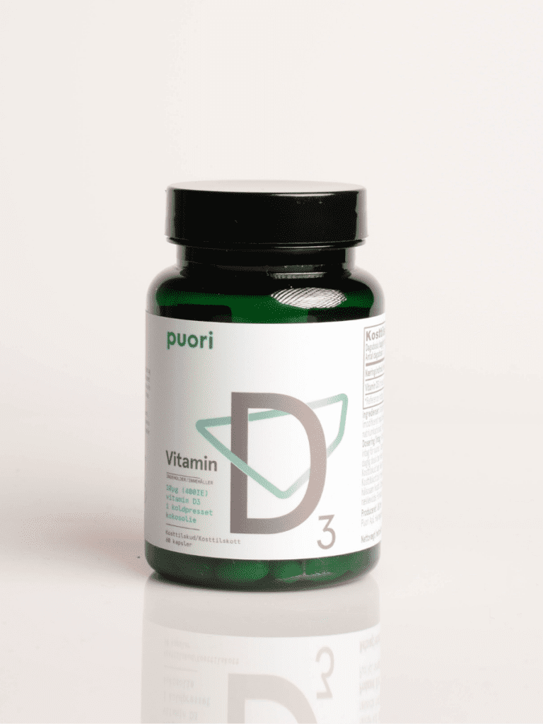 Puori Vitamin D3-kosttillskott i grön glasflaska med svart lock och vit etikett