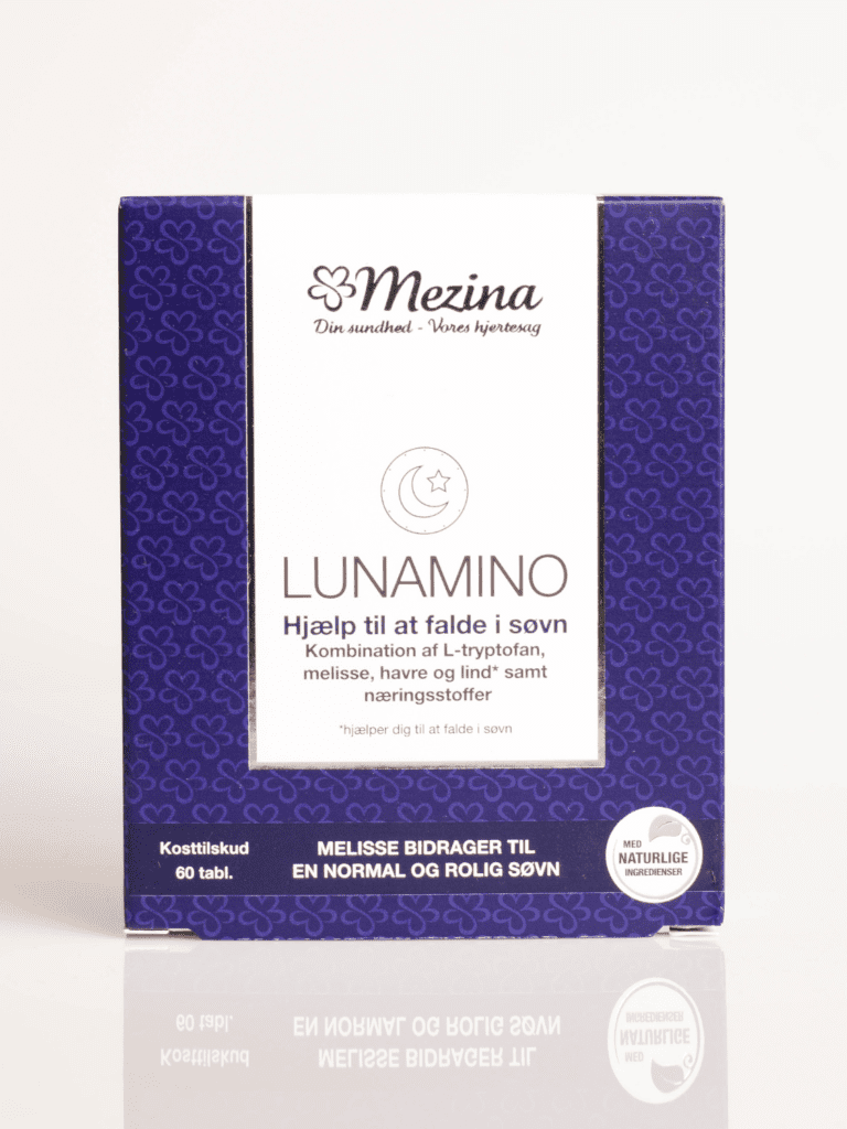 Mezina Lunamino sömntillskott i blå-vit kartong med mån- och stjärnsymbol, text om naturliga ingredienser
