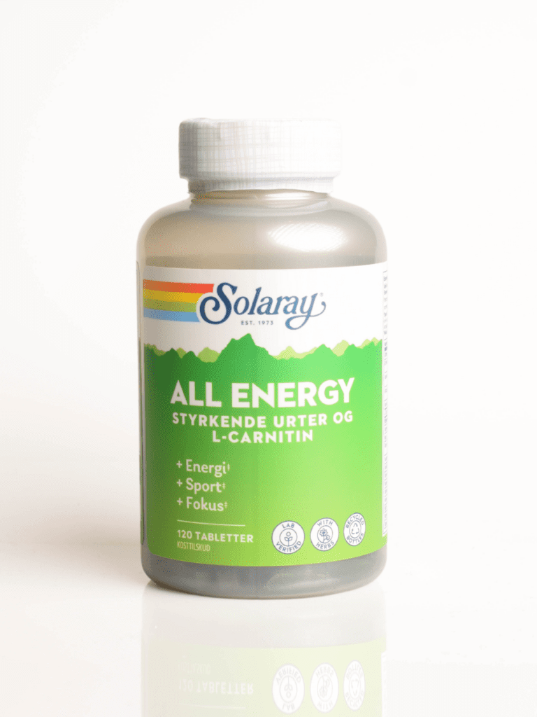 Solaray All Energy kosttillskottflaska med grön etikett, L‑Carnitin, 120 tabletter
