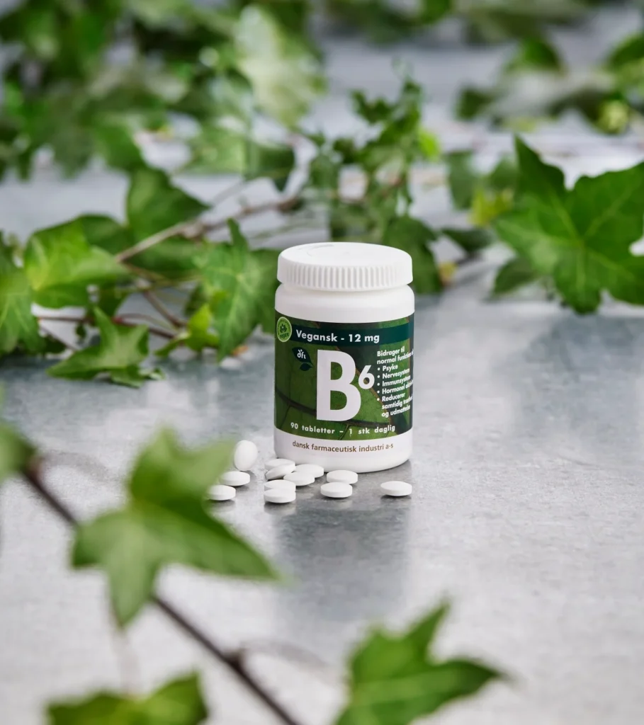 Burk med veganska vitamin B6-tabletter, utspridda vita tabletter och murgröna på grått bord