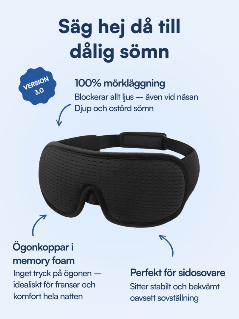 Svart konturerad sovmask i minnesskum med näskåpa, perforerad yta och justerbar resårrem för 100% mörkläggning