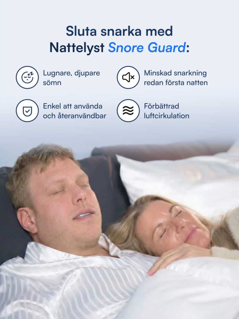Par som sover lugnt i sängen, reklamtext ovan om Snore Guard och minskad snarkning