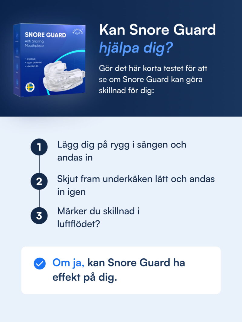 Snore Guard-förpackning och genomskinlig bettskena bredvid svensk rubrik om test för att se om produkten hjälper