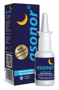 Asonor nässpray och kartong i blått med gul måne och testvinnare-märke, nässpray mot snarkning