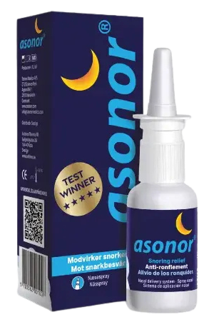 Asonor nässpray och kartong i blått med gul måne och testvinnare-märke, nässpray mot snarkning