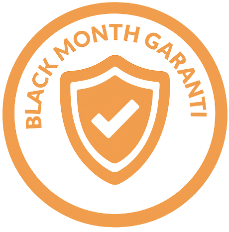 Orange rund stämpel med sköld och bockmärke, text Black Month Garanti