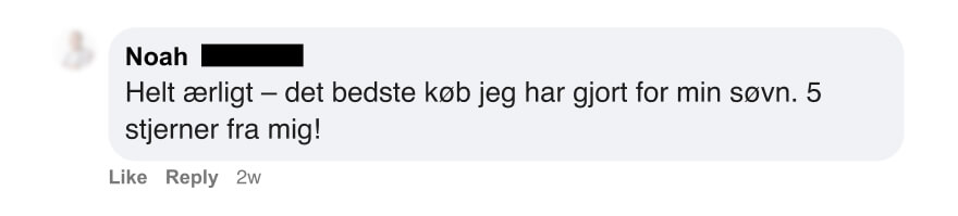 Dansk anvÀndarkommentar om att det var det bedste kÞb for sÞvnen, ger 5 stjÀrnor