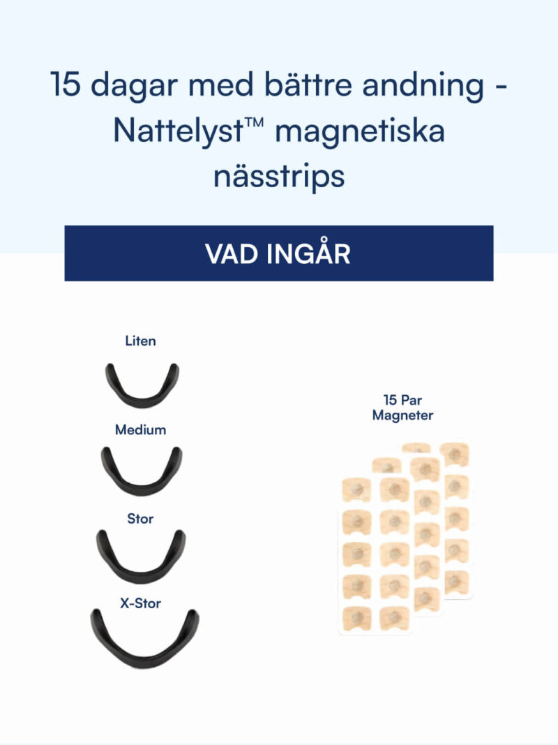 Nattelyst magnetiska nässtrips kit med fyra storlekar (liten, medium, stor, x-stor) och 15 par magneter