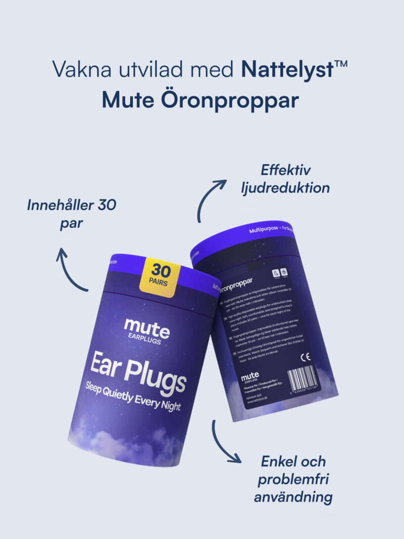Två lila cylindriska förpackningar med Mute öronproppar, 30 par, för nattsömn och effektiv ljudreduktion.