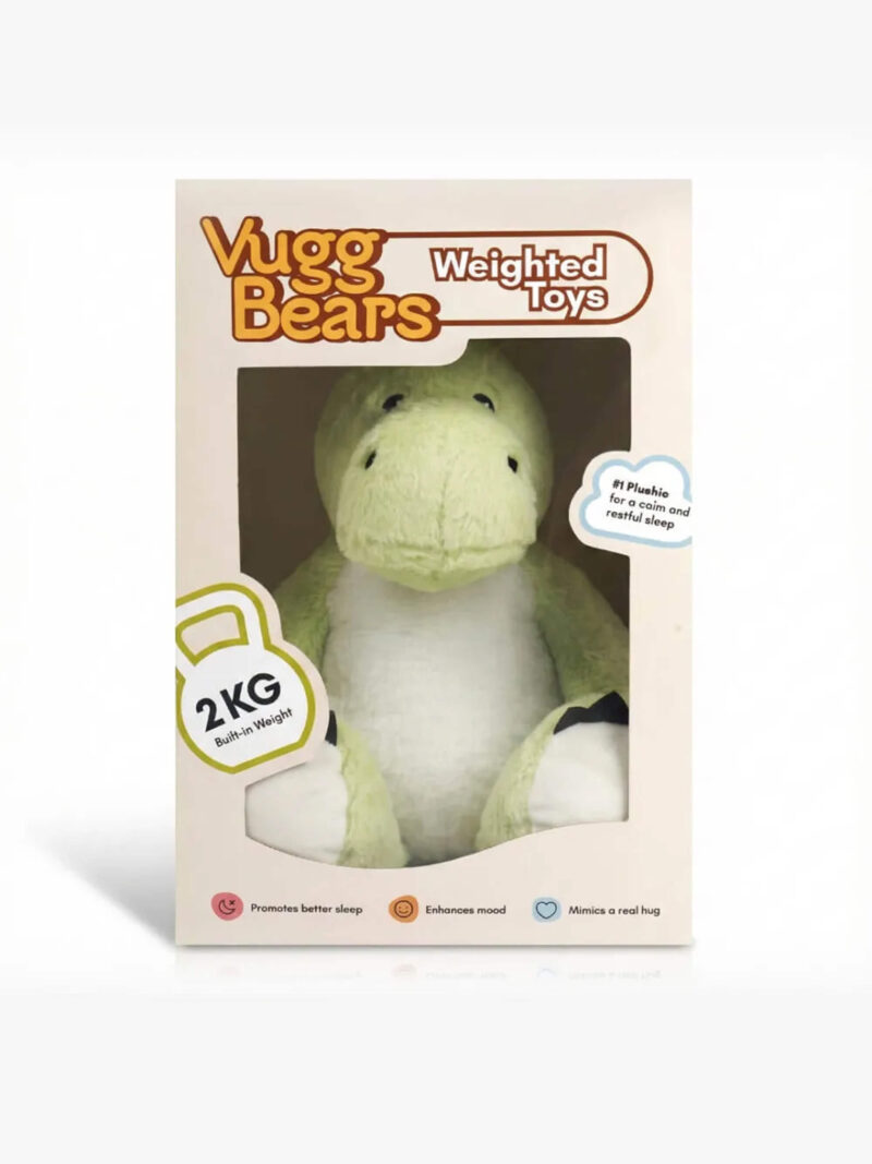 Grön Vugg Bears tyngdplysch i kartong med vit mage, 2 kg inbyggd vikt och texten Weighted Toys