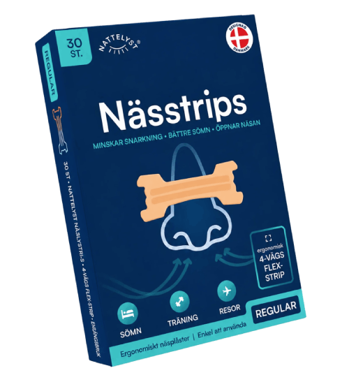 Blå förpackning med Nässtrips, 30 st, illustration av näsa med andningsremsor, för bättre sömn och mindre snarkning